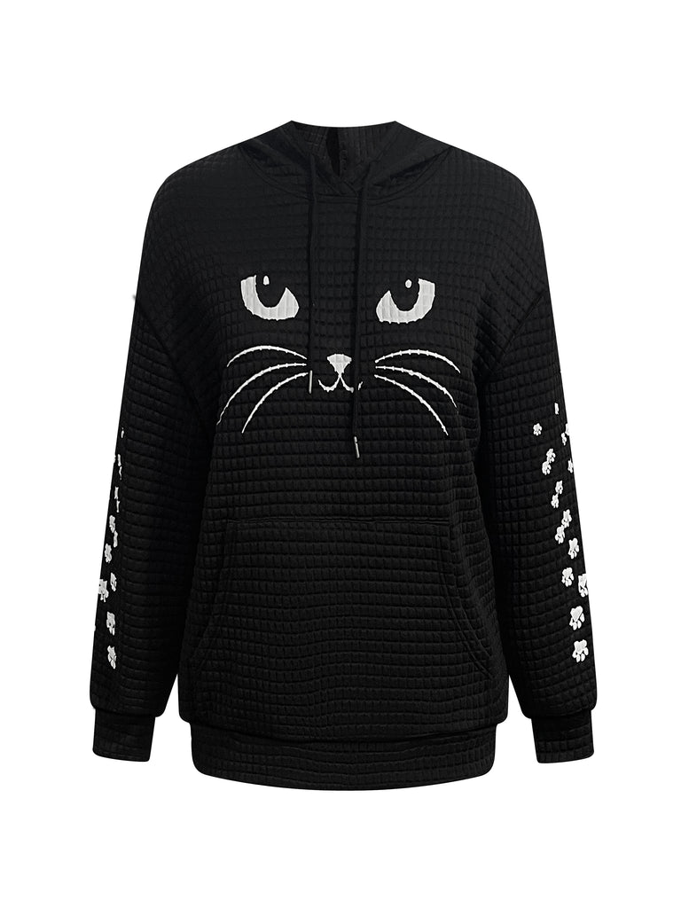 Plus Size Cat Face Print Drawstring Waffle Hoodie, Casual Long Sleeve Sweatshirt For Fall & Winter, Women's Plus Size Clothing