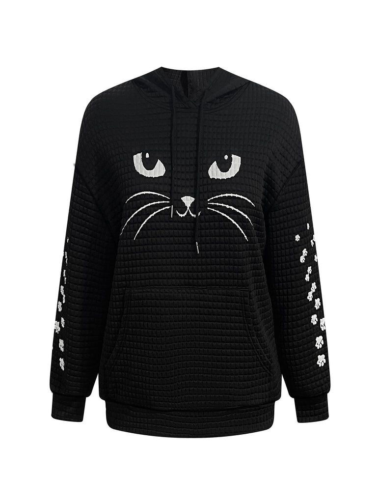 Plus Size Cat Face Print Drawstring Waffle Hoodie, Casual Long Sleeve Sweatshirt For Fall & Winter, Women's Plus Size Clothing