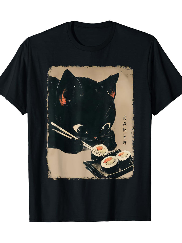 1pc Kawaii Cat Eating Sushi T-Shirt, 100% Cotton, Crew Neck, Short Sleeve, Casual Pullover, Geometric Pattern, All-Season, Regular Fit, 220g/m² Knit Fabric - Funny Japanese Anime Style for Adults