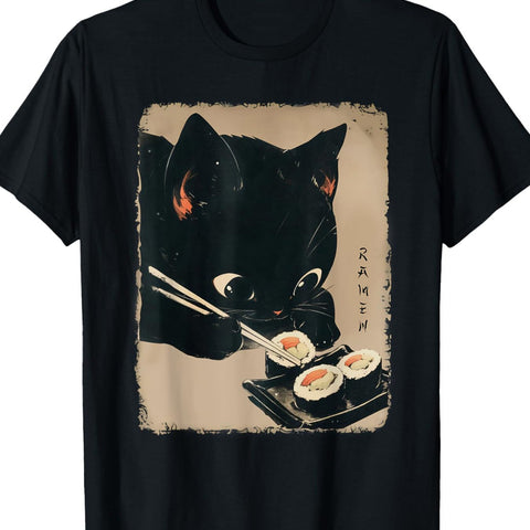 1pc Kawaii Cat Eating Sushi T-Shirt, 100% Cotton, Crew Neck, Short Sleeve, Casual Pullover, Geometric Pattern, All-Season, Regular Fit, 220g/m² Knit Fabric - Funny Japanese Anime Style for Adults