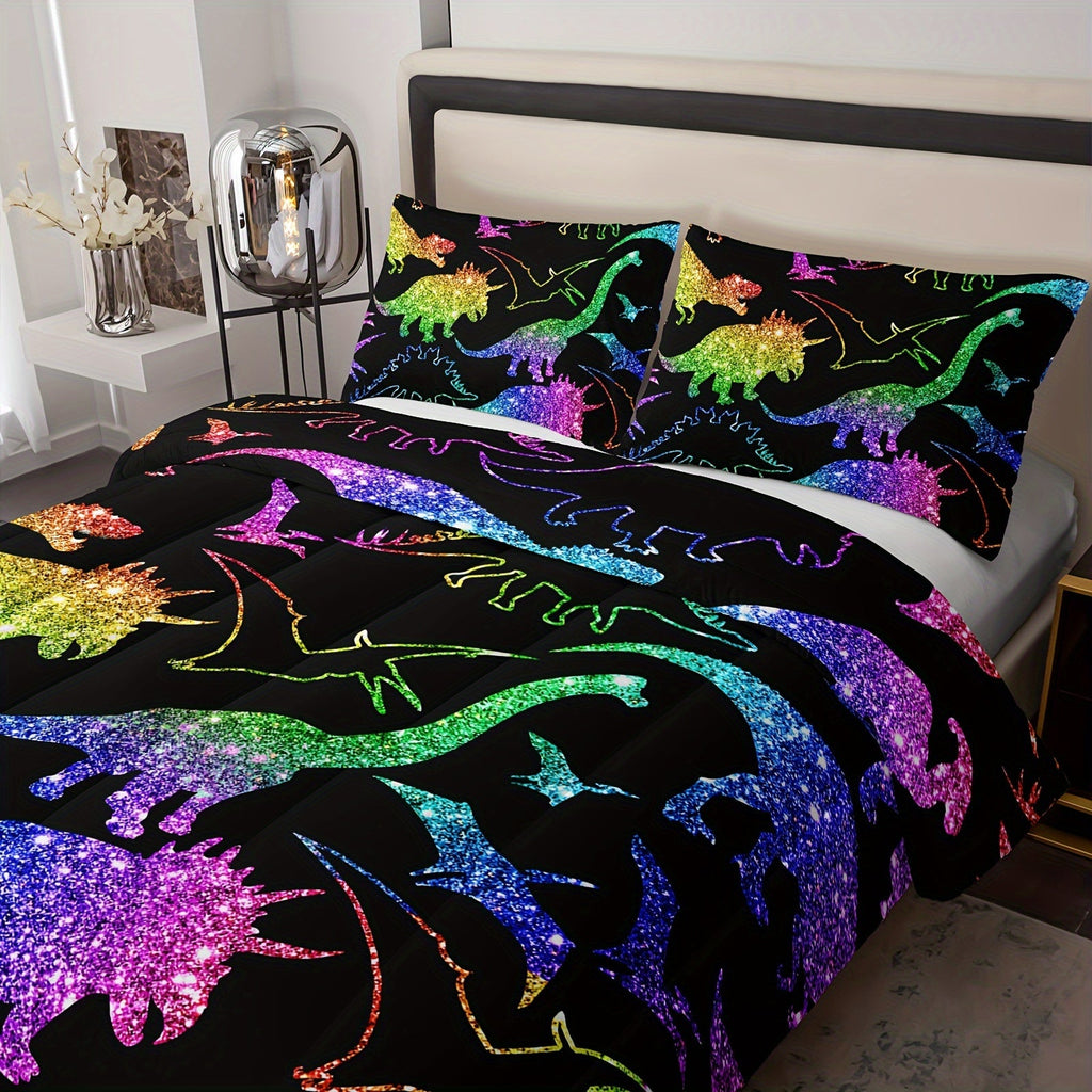 Rainbow Dinosaur Comforter Set Colorful Dino Bedding Cartoon Dinosaur With Shiny Glitter Bedding Set Bedroom Decor (1 Comforterr + 2 Pillowcases) Lightweight