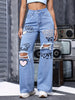 Women's High-Waisted Heart And Letter Print Ripped Distressed Jeans - Casual Style, Wide Leg Denim Pants - For Women - Suitable for Casual Outings, Parties & Everyday Wear - Perfect Gift for Fashionable Women