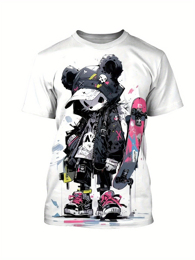 Men's Skateboard Bear Graphic Tee - Breathable Cotton, Crew Neck, Short Sleeve - Perfect for Summer & All-Season Wear