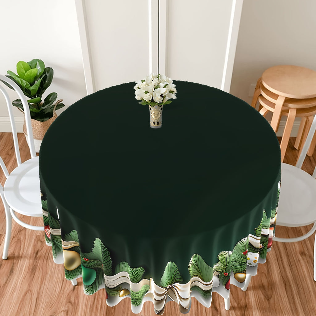 Christmas-Themed Waterproof Round Tablecloth with Green Leaf & Bow Design - 63" Polyester Dining Cover for Indoor/Outdoor Use, Perfect for Parties, BBQs, and Picnics