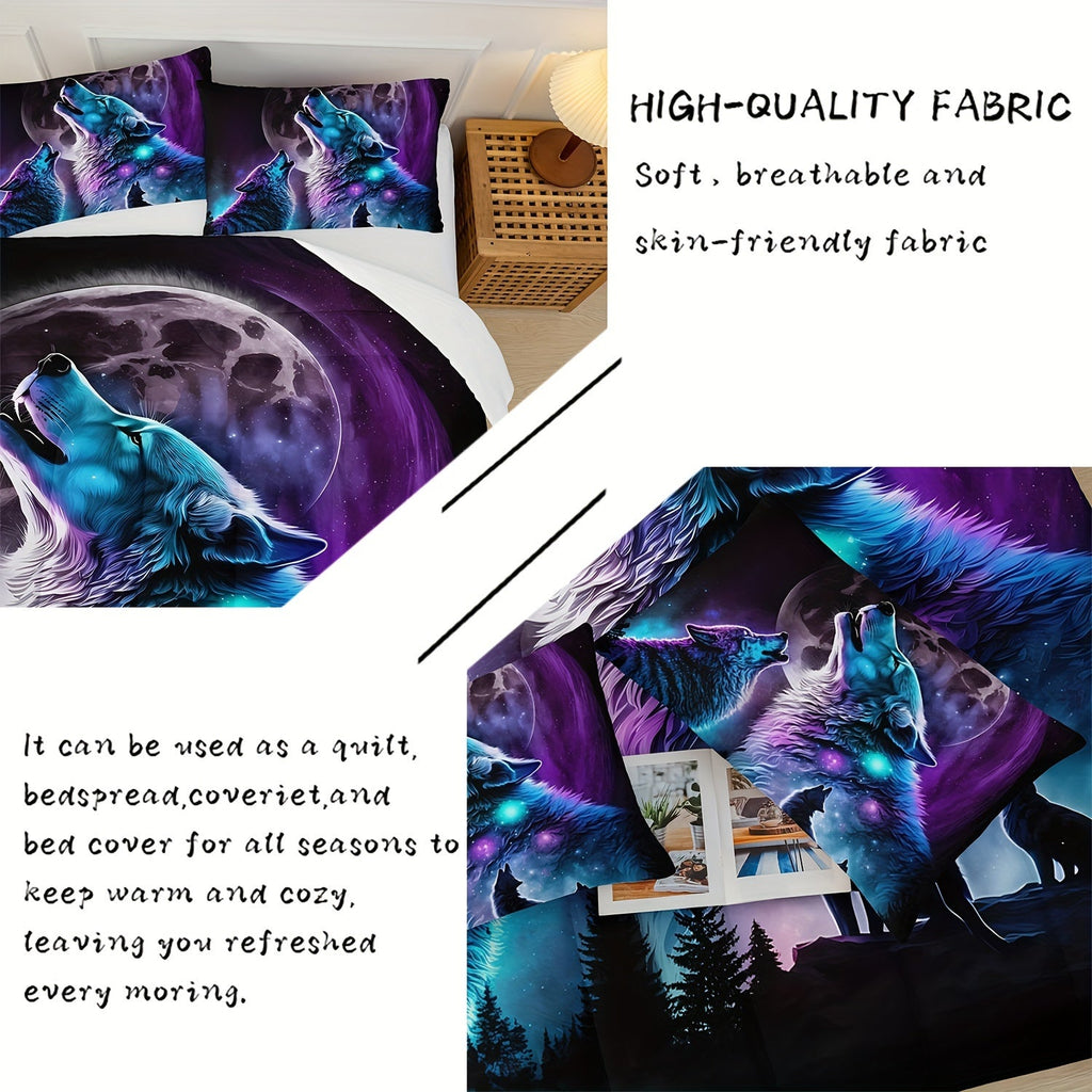 Wolf Comforter Set Wildlife Bedding Star System Comforter 3-Piece Set (1 Bed Comforter + 2 Pillow Cases), Comforter For All Seasons, Soft, Comfortable, Breathable Printed Bedding For Home Dorm Decoration