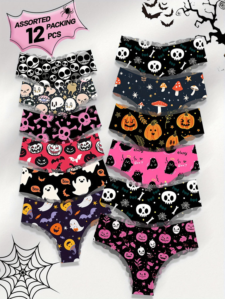 12pcs Women's Seamless Briefs - Comfortable & Breathable, Low Rise with Elegant Floral Prints, Includes Halloween Pumpkin & Skull Designs