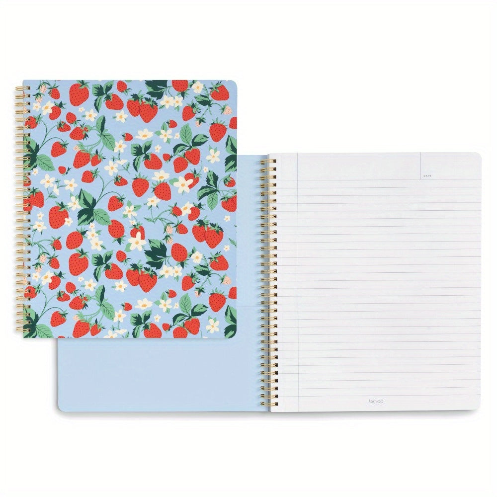 Strawberry-Themed Large Spiral Notebook with Pockets, 11x9", 160 Lined Pages - Perfect for Journaling & Office Supplies