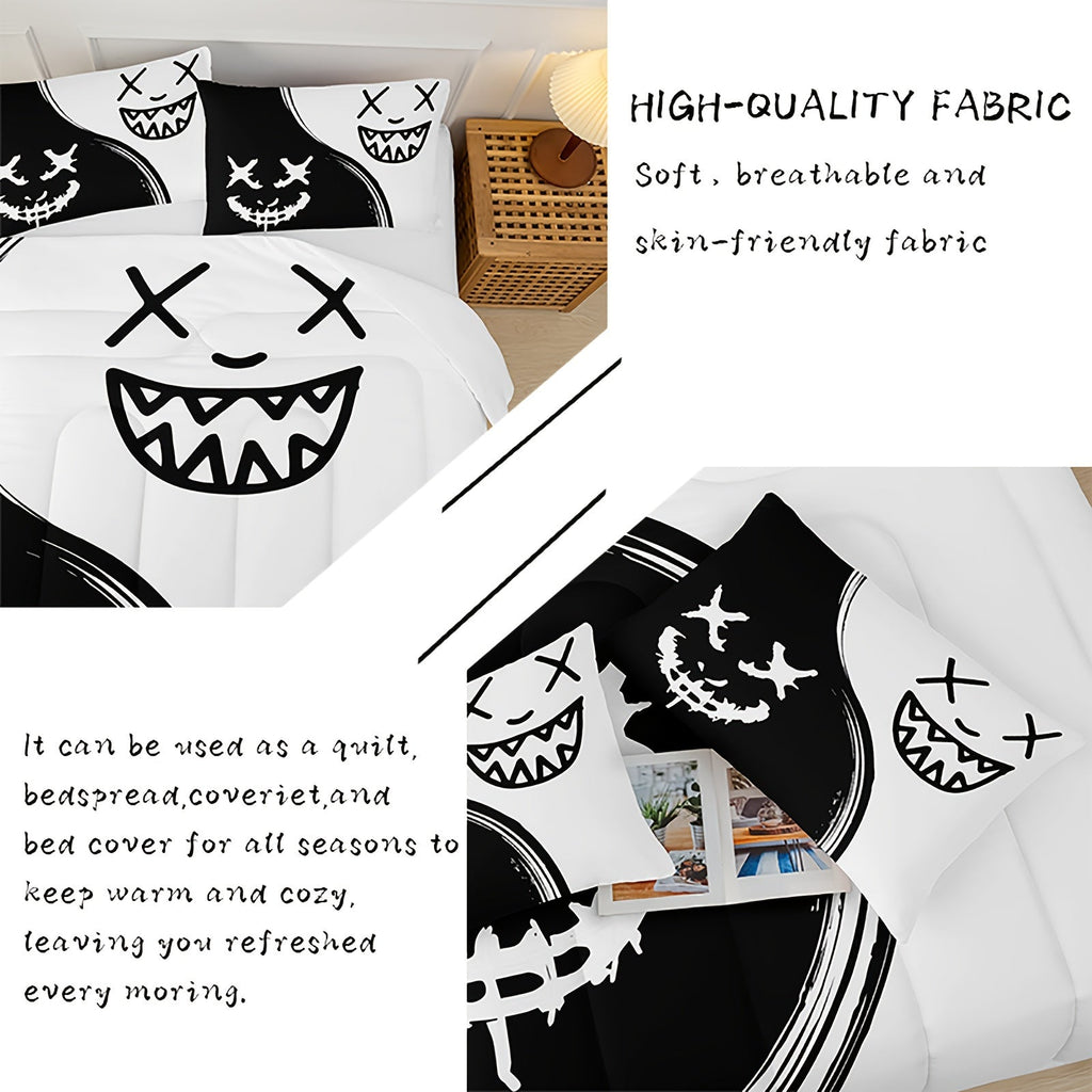 3 Piece Black And White Puzzle Comforter Set, Cartoon Anime Bedding, Cartoon Gothic Bedroom Decor (1 Comforter + 2 Pillowcases), Comforter For All Seasons, Soft, Comfy And Breathable Printed Bedding For Home Dorm Decoration