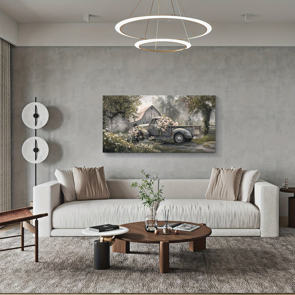 1pc Farmhouse Canvas Wall Art - Blue Old Truck Barn Paintings Vintage Pickup with Blooms on Country Roads Antique Vehicle Artwork Prints - Canvas - For Home Decor - Perfect Gift for Country Lovers & Vintage Enthusiasts - Living Room, Guest Bedroom Decor
