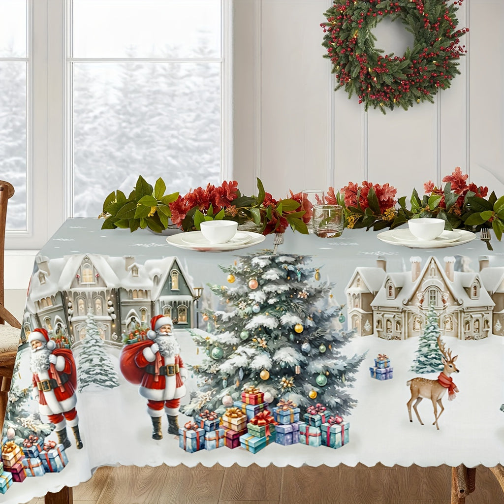 Christmas Holiday Tablecloth with Santa and Gift Tree Print - Polyester Rectangular Table Cover, Waterproof, Stain & Wrinkle Resistant, Machine-Washable for Indoor & Outdoor Use, Festive Dining Decor