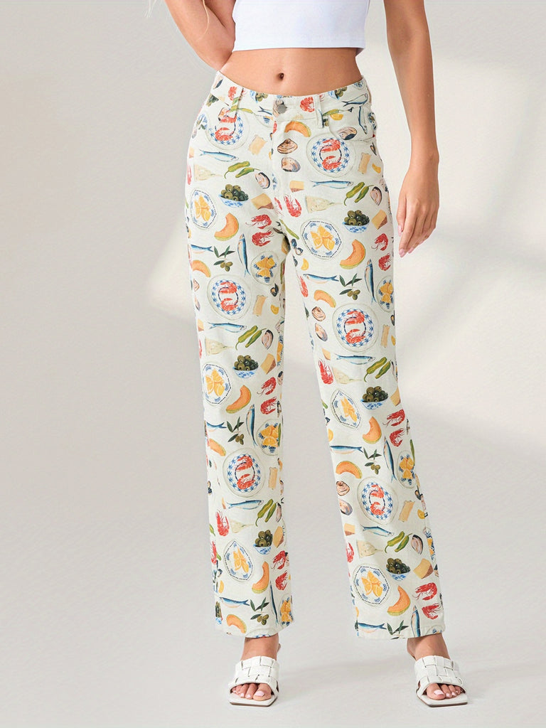 Women'S Wide Leg Faux Denim - Casual Fruit & Vegetable Print, Loose Fit Faux Denim Trousers, Cotton Blend, Medium Stretch, Straight Leg, with Pockets for Spring/Fall