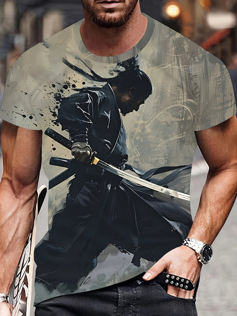 Men's Fashion Graphic Warrior T Shirt-Novelty 3D Printed Casual Top, Summer & Sportswear, Elegant Style, Polyester Crew Neck with Slight Stretch-Short Sleeve Knit Fabric-For Men-Suitable for Summer, Streetwear & Sports-Perfect Gift for Fashionable Guys