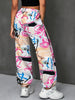 Graffiti Print Fitted Bottom Joggers, Casual High Waist Pants For Spring & Fall, Women's Clothing