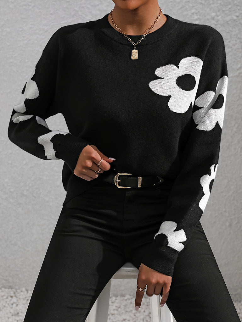 Floral Pattern Crew Neck Sweater, Casual Long Sleeve Sweater For Fall & Winter, Women's Clothing