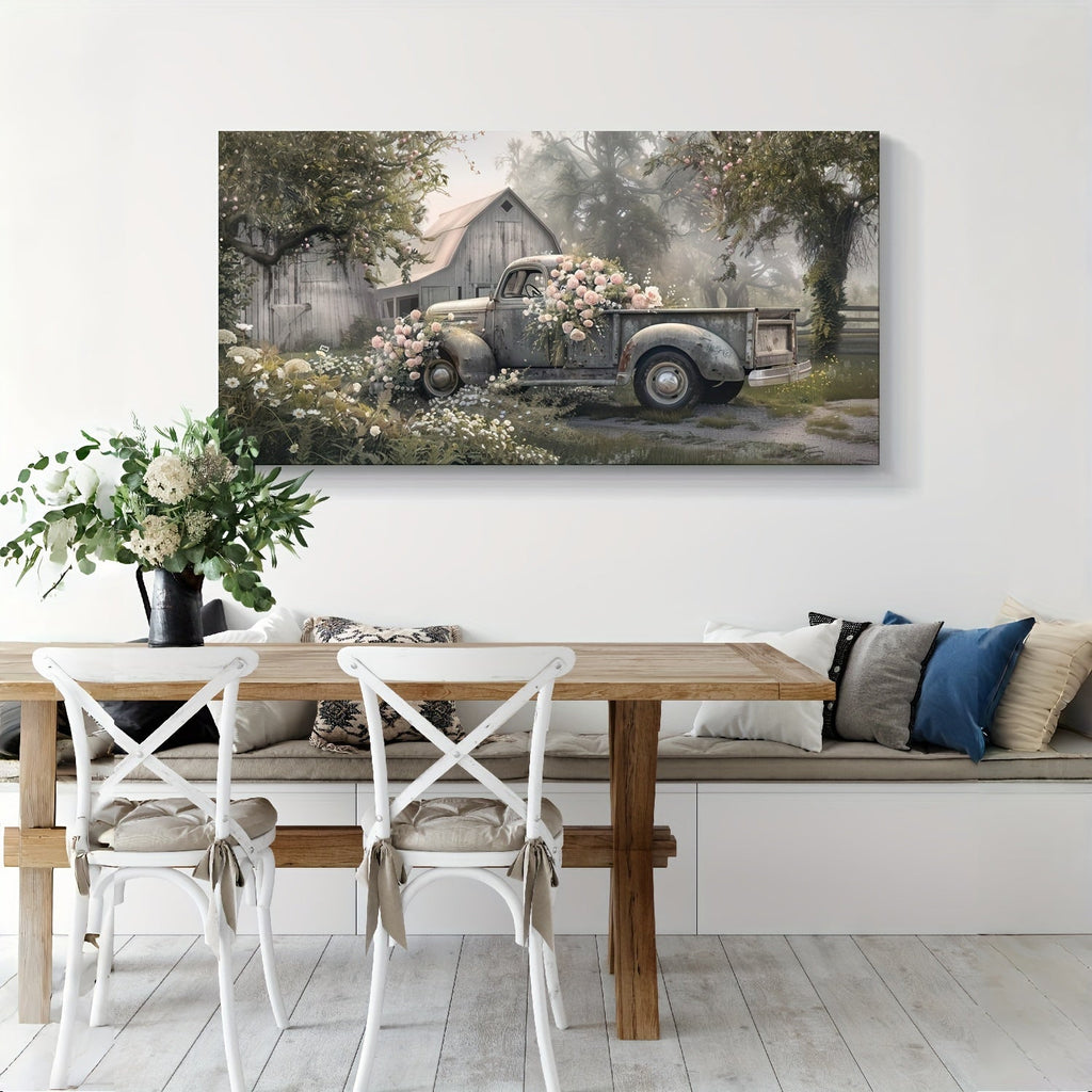 1pc Farmhouse Canvas Wall Art - Blue Old Truck Barn Paintings Vintage Pickup with Blooms on Country Roads Antique Vehicle Artwork Prints - Canvas - For Home Decor - Perfect Gift for Country Lovers & Vintage Enthusiasts - Living Room, Guest Bedroom Decor