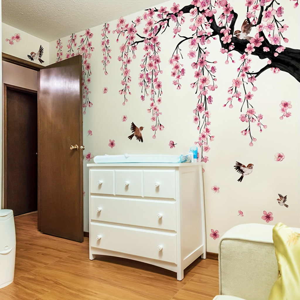 Pink Cherry Blossom Tree Wall Sticker with Birds - Homeowners, Interior Decorators, Young Adults - Vinyl - Suitable for Bedroom, Living Room, Bathroom