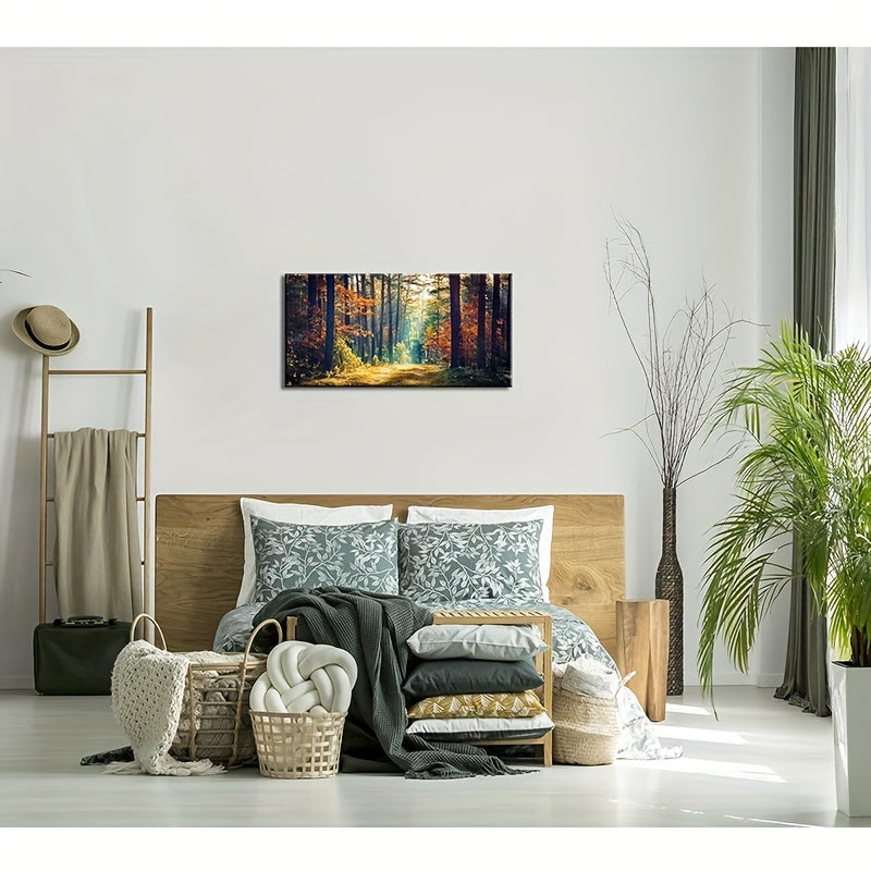 Autumn Forest Large Stretched Canvas Wall Art For Living Room Bedroom Home Decoration  Mordern Morning Sunlight Wood Print Picture Painting Decor Giclee Artwork Gallery Wrapped Gift Inner Frame