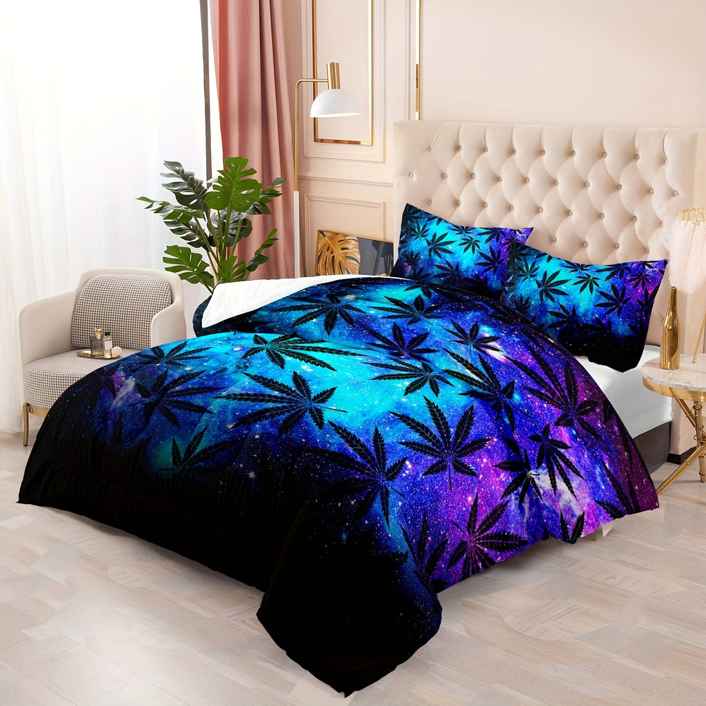 Weed Bedding  Set Queen Size, Cannabis Leaves Bedding Set, Boho Bedding, Blue Purple Comforter Set Queen, Boho Bedding Hemp Leaves Comforter Set Queen, Maple Leaf Bedding Set