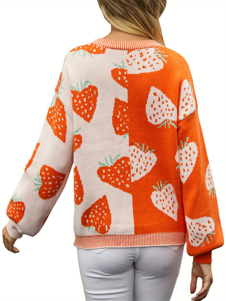 Chic Strawberry Print Button-Up Cardigan - Cozy V-Neck Long Sleeve Knit Sweater for Women, Perfect for Fall & Winter