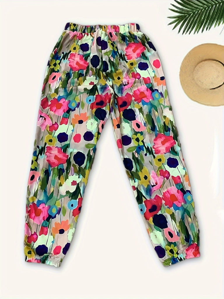 Floral Print Jogger Track Pants for Women - Casual Style with Pockets, Polyester Knit Fabric with Spandex Stretch, Comfortable Elastic Waistband, Suitable for Spring/Summer/Fall