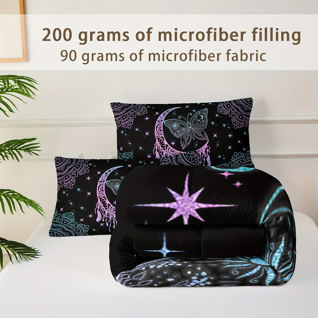 3pcs Sun Moon Butterfly Mandala Print Comforter Set (1 Comforter + 2 Pillowcase Without Pillow Insert) For All Seasons, Microfiber Rainbow Gradient Bedding Set For Bedrooms Decoration