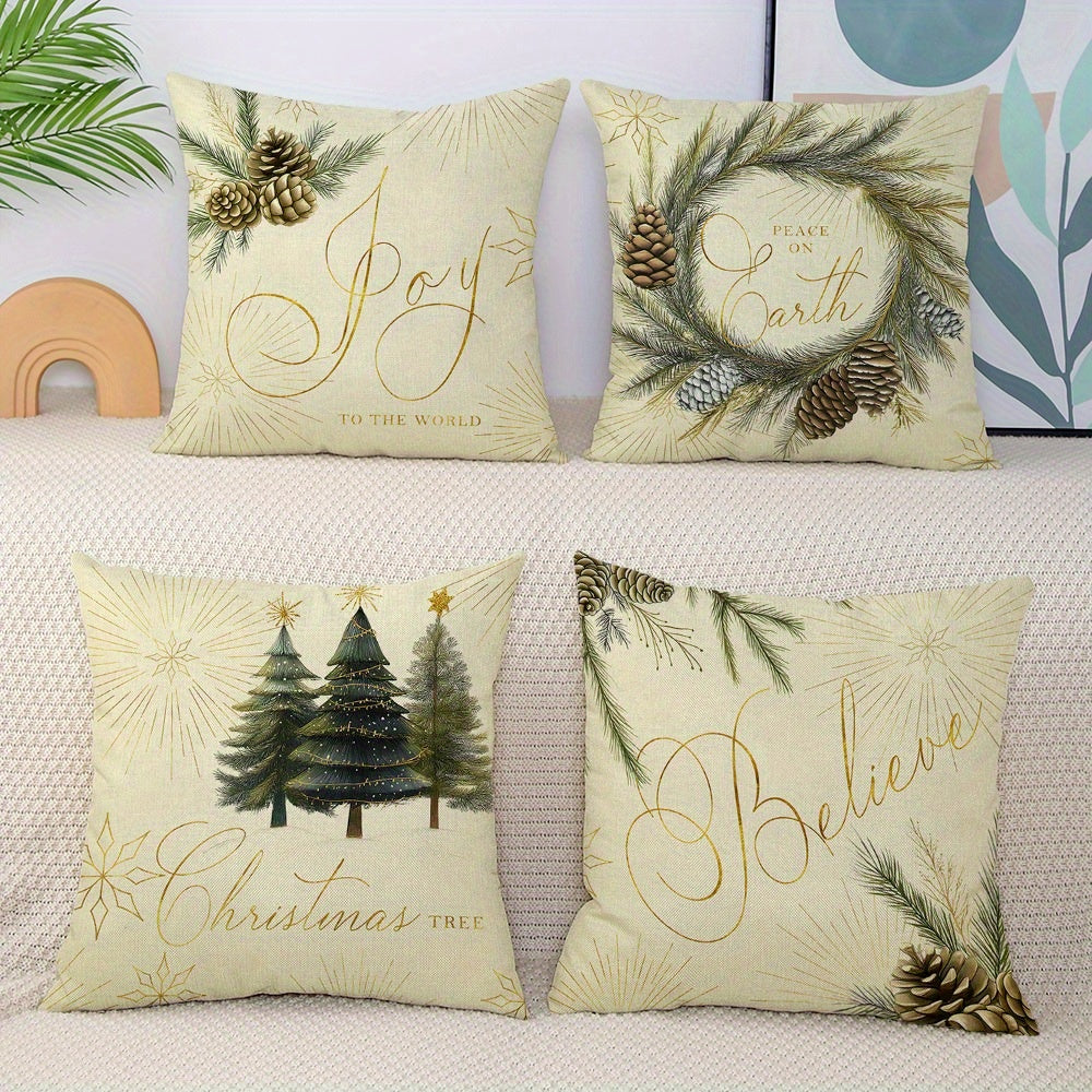 4-Pack Christmas Throw Cushion Covers with Pine Tree & Pine Cone Design - Contemporary Striped Polyester Decorative Cases, Machine Washable with Zip Closure for Sofa, Bed, and Multiple Rooms Decor (Insert Not Included)