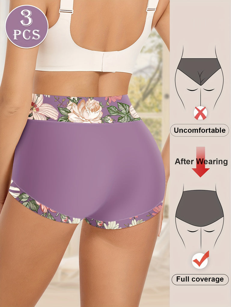 MIOTAN 3pcs High-Waist Shaping Panties for Women - Tummy Control & Butt Lift, Comfort Fit with Elegant Floral Print