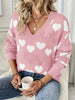 Heart Pattern V Neck Sweater, Casual Hollow Drop Shoulder Long Sleeve Pullover Sweater For Winter & Fall, Women's Clothing