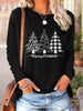 Merry Christmas Trees Graphic Cotton Blend T-Shirt - Women's Casual Crew Neck Long Sleeve Knit Top for Spring/Fall