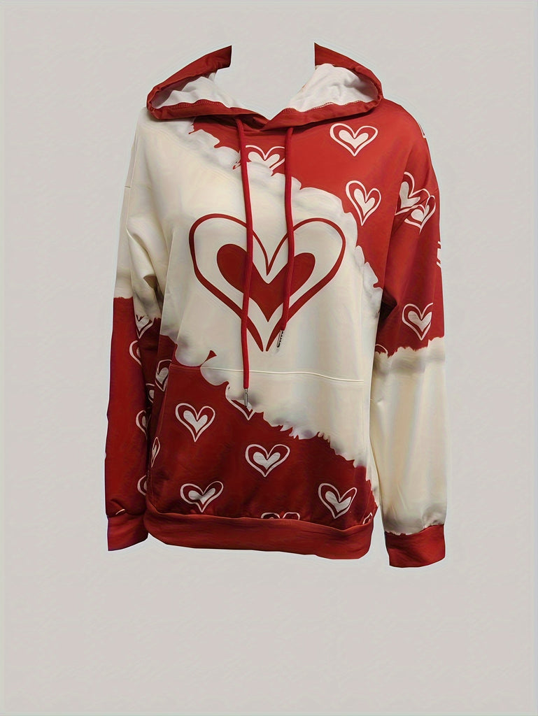 Valentine's Day Style Love Heart Print Hooded Drawstring Sweatshirt With Front Pocket, Long Hoodie Long Sleeve Pullover, Women's Tops