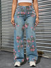 Women's Floral Print Straight-Leg Jeans - Casual High-Rise Denim with Slash Pockets, Machine Washable