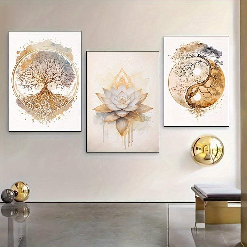 Wall Art Accent Living Room - 3-Piece Art Deco Canvas Posters - Modern Tree of Life & Lotus Flower Prints - Home Design Enthusiasts, Art Admirers, Interior Designers - Oil, Indoor, Frameless, Poster, Other Topics, Canvas, Art Deco,