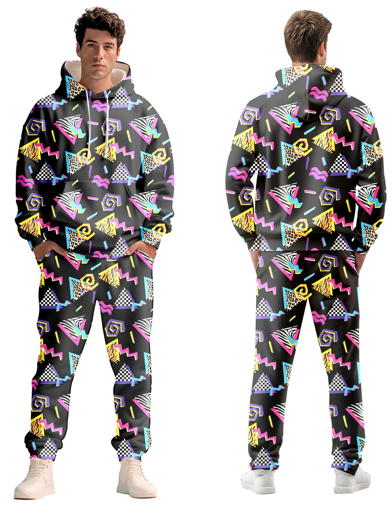 1set Retro 80s 90s Men'S Tracksuit - Casual Polyester Hoodie and Sweatpants Set, Long Sleeve, Knit Printed Jogging Suit for Spring/Autumn