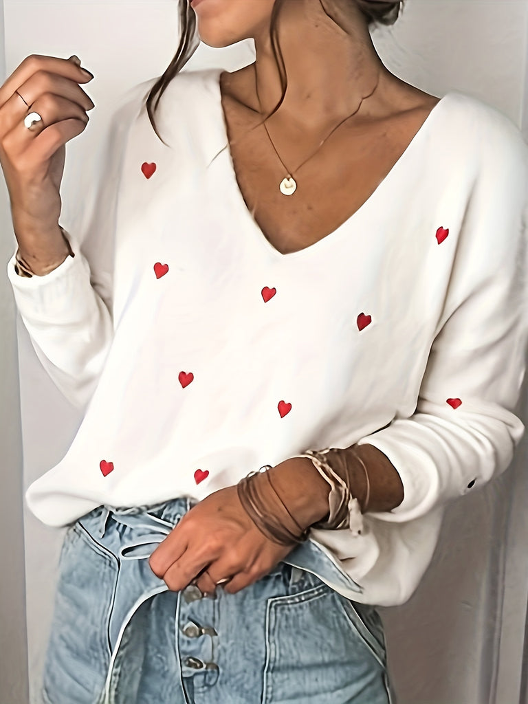 Valentine's Day Heart Print Sweater, Casual V Neck Long Sleeve Sweater For Fall & Winter, Women's Clothing