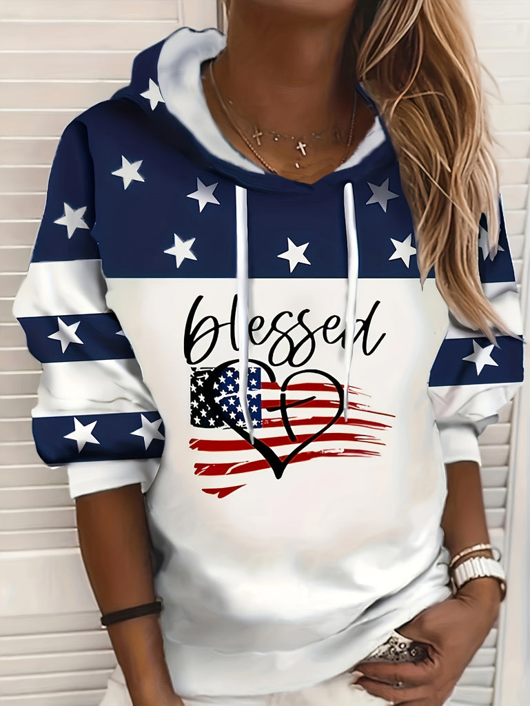 American Flag & Blessed Print Hoodie, Casual Long Sleeve Drawstring Hoodies Sweatshirt, Women's Clothing