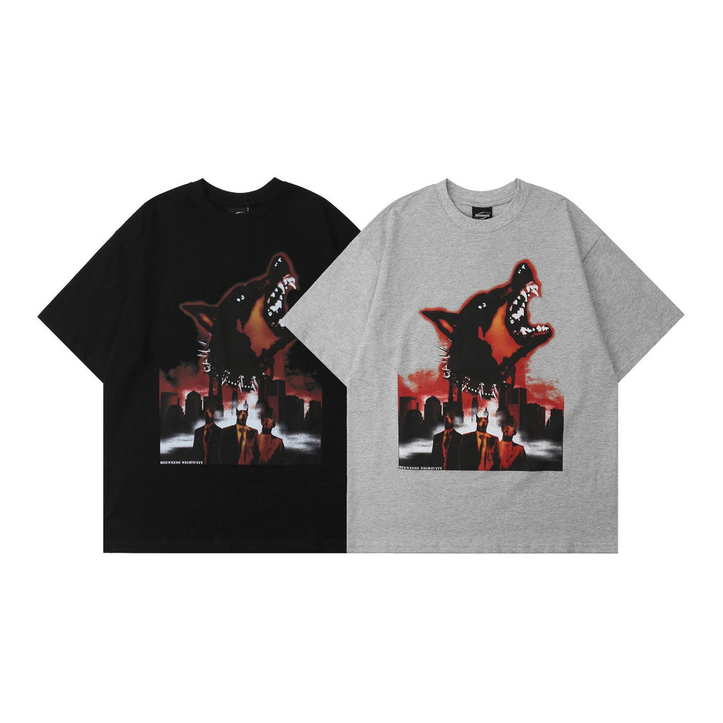 Street Design Theme Dark Dog Head Man Short Sleeve