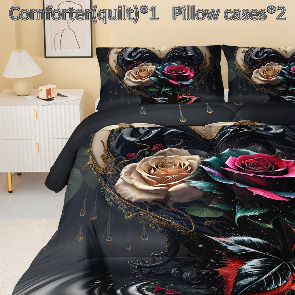 Colorful Rose Comforter Set, Floral Theme Bedding Set, Soft Polyester, 3pcs (1 Comforter and 2 Pillowcases)