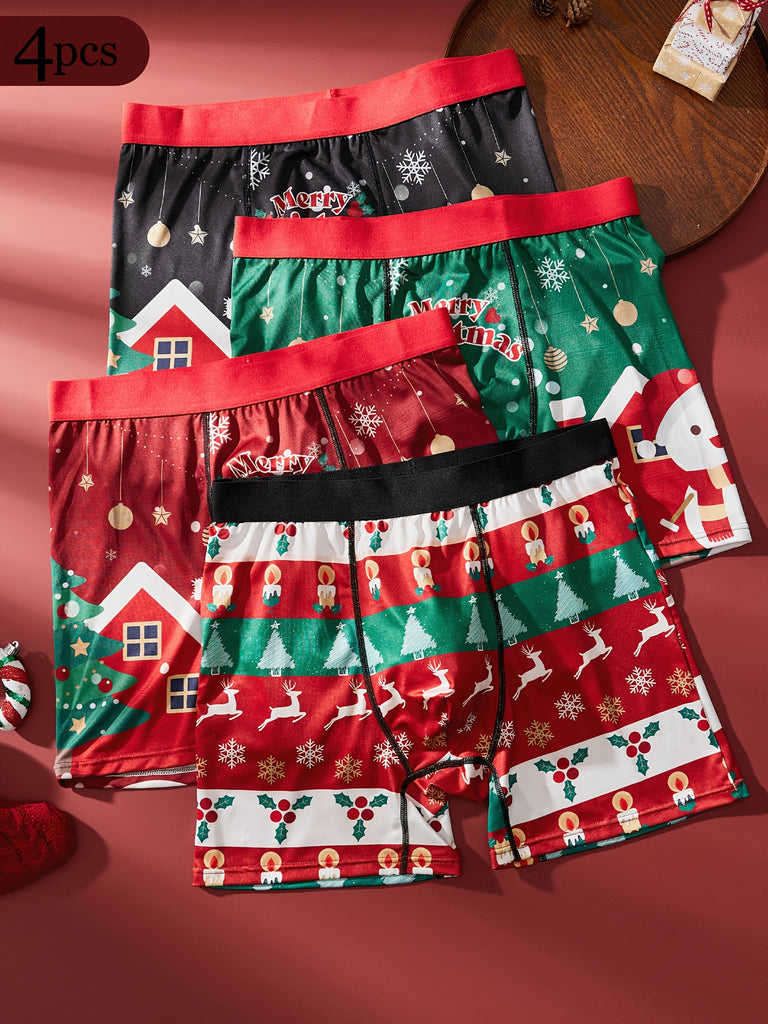 4pcs Men's Christmas Boxer Briefs - Festive Snow & Reindeer Print, Comfortable & Breathable Polyester Blend, Perfect Holiday Gift