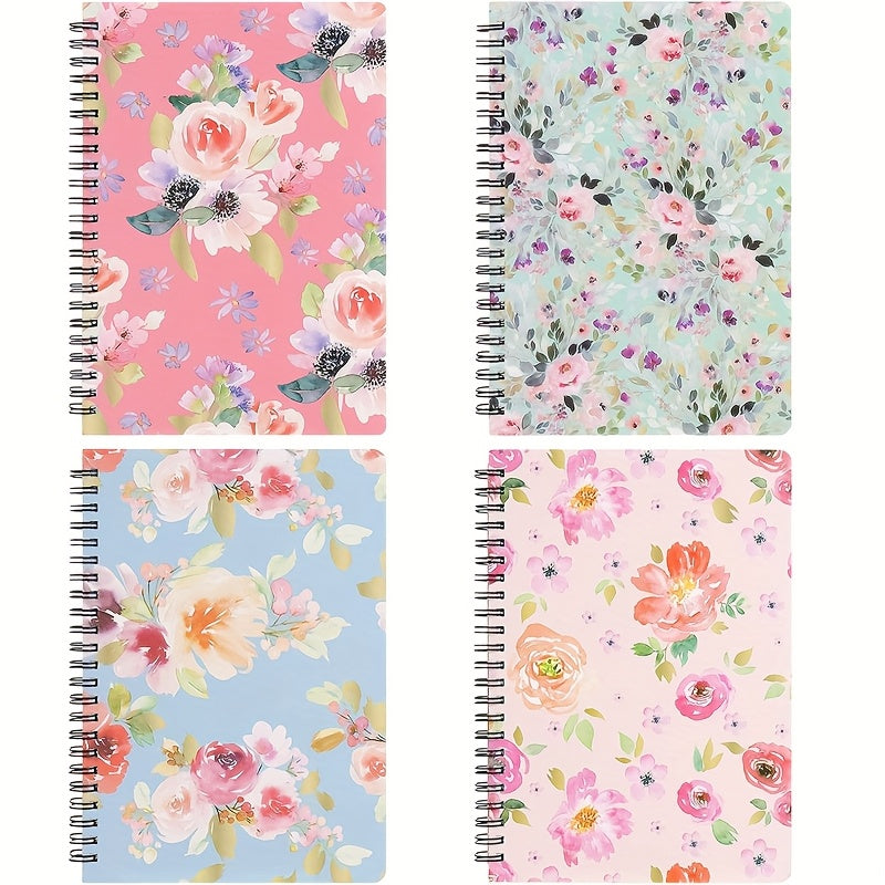 Boho-Chic Spiral Notebooks for Women - 4pcs, A5 Size (6x8 inches), Hardcover Floral Journals with Lined Pages & Inner Pocket, Perfect for School & Office Supplies