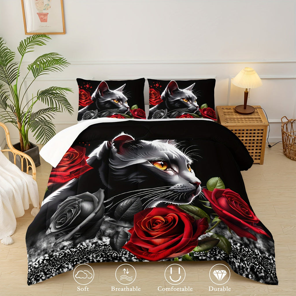 Cartoon Cat Comforter Set Rose Bedding Red And Black Comforter 3 Piece Set (1 Bed Comforter + 2 Pillowcases), Comforter For All Seasons, Soft, Comfortable And Breathable Printed Bedding For Home Dormitory Decoration