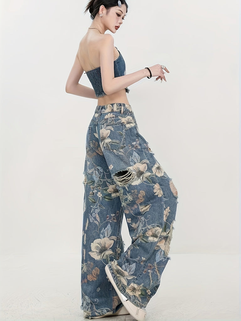 Vintage-Inspired High-Waist Wide-Leg Jeans for Women - Classic Retro Print, Cotton Blend, Machine Washable, High-end Fashion Brand