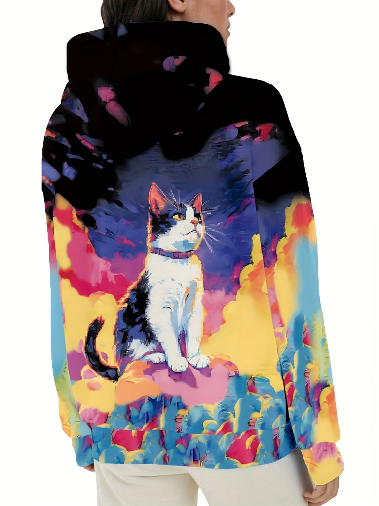 Women's Artistic Cat Print Hoodie - Casual Long Sleeve with Drawstring, Polyester & Spandex Blend, Machine Washable