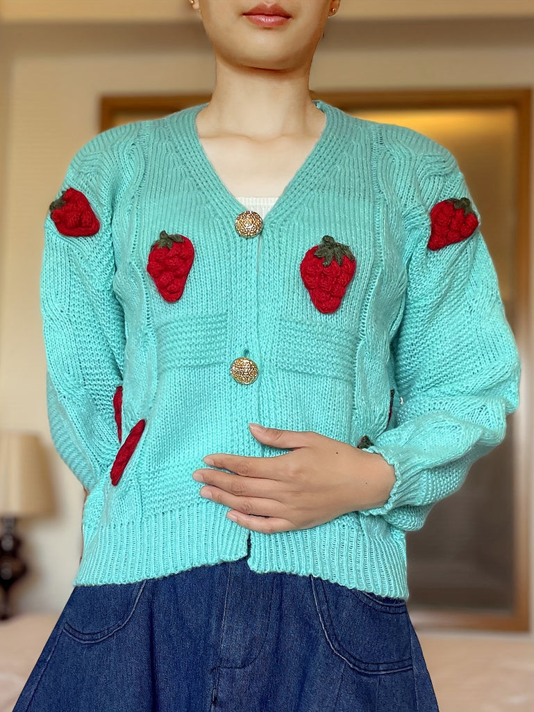 Strawberry Pattern Button Down Cable Knit Cardigan, Elegant Long Sleeve Sweet Sweater, Women's Clothing