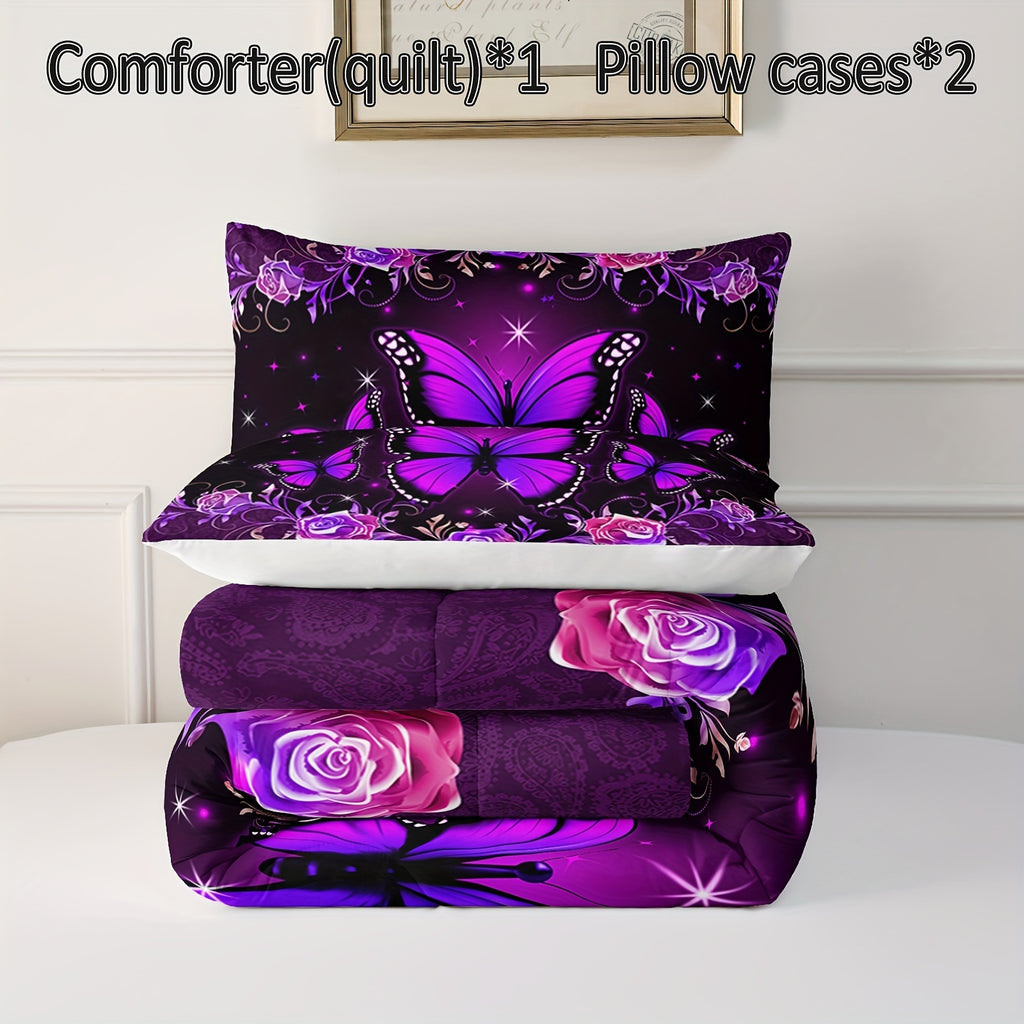 3pcs Butterfly Comforter Set, Purple Flowers Floral Print Bedding Set with 1 Comforter 2 Pillowcases for Women All Season (Without Core)