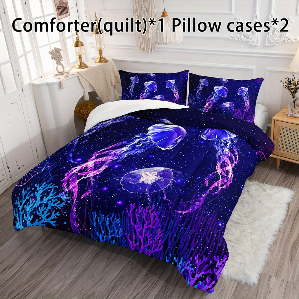 3pcs Fashion Bedding Set, Wonderful Underwater World Seaweed Coral Jellyfish Print Bedding Set, Soft Comfortable Skin-friendly Bedroom Quilt, Guest Room (1 * Quilt + 2 * Pillowcase, No Core)