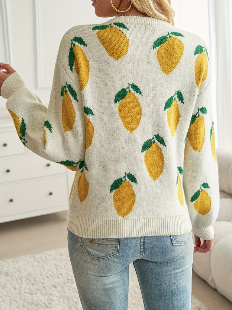 Cute Fruit Pattern Long Sleeve Crew Neck Sweater for Women, Fall & Winter Cozy Knitwear