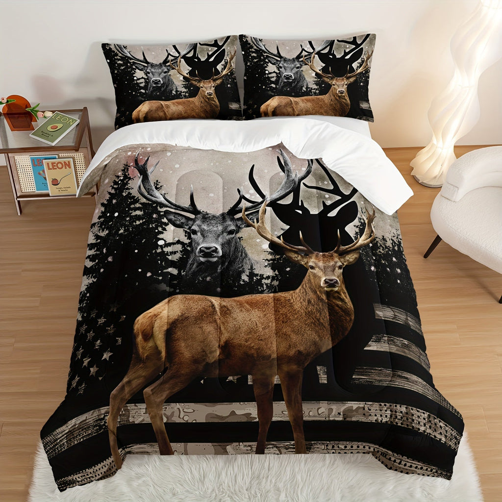 3pcs Fashion Comforter Set (1 * Comforter + 2 * Pillowcase, No Core), Vintage Hunting Theme Forest Deer American Flag Print Bedding Set, Soft And Comfortable Skin-friendly For Bedroom, Guest Room