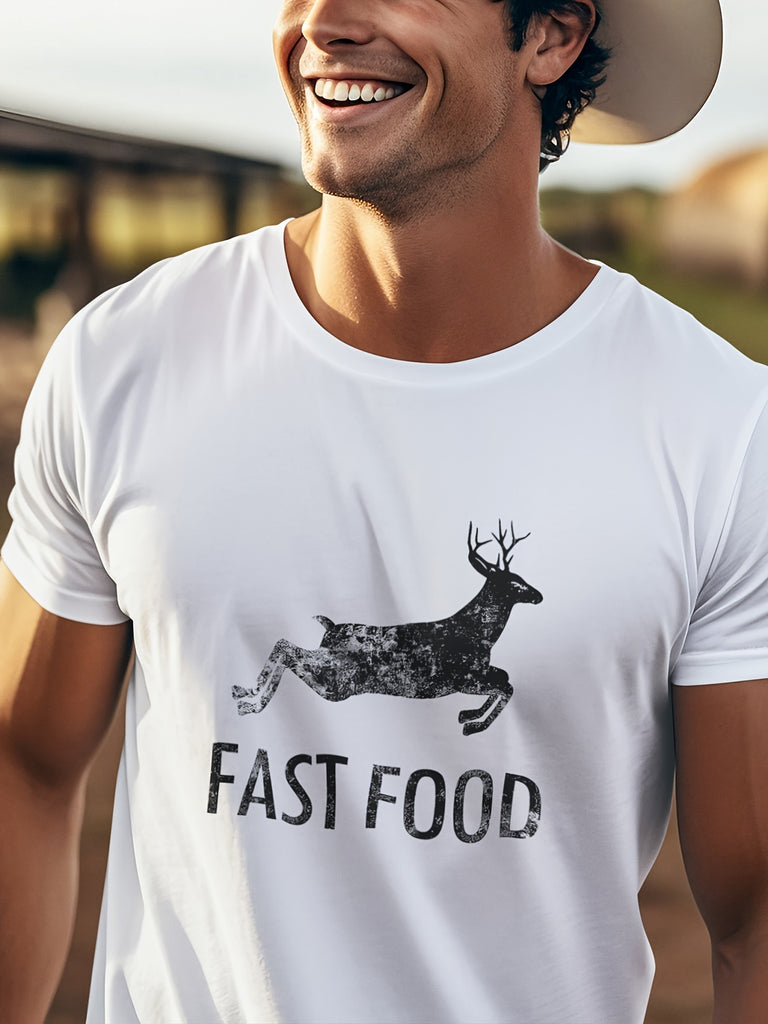 Funny Joke Hunting Shirt - Men's Front Printed Short Sleeve T-Shirt Top - Fast Food Deer - Gifts for Hunters -  For Men - Casual Wear - Perfect Gift for Hunting Enthusiasts