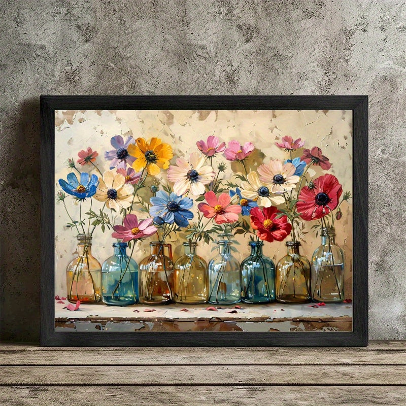 Room Decor 1pc Black Framed Wall Art, Sunlit Field Rustic Charm Delicate Wildflowers Wood Frame Canvas Prints Charming Flower Poster, Ready To Hang, Birthday Party Decor, Perfect New Year Halloween Christmas Easter Thanksgiving Gift, Home Living Room
