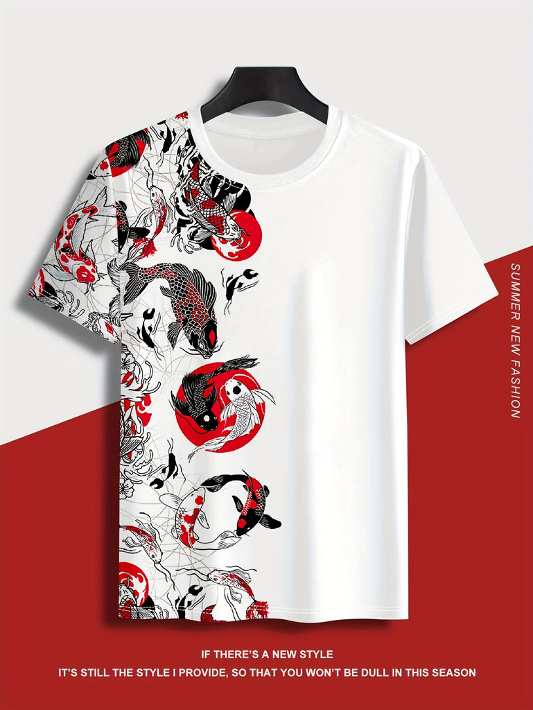 Men's Fish Graphic Print T-shirt, Short Sleeve Crew Neck Tee, Men's Clothing For Summer Outdoor